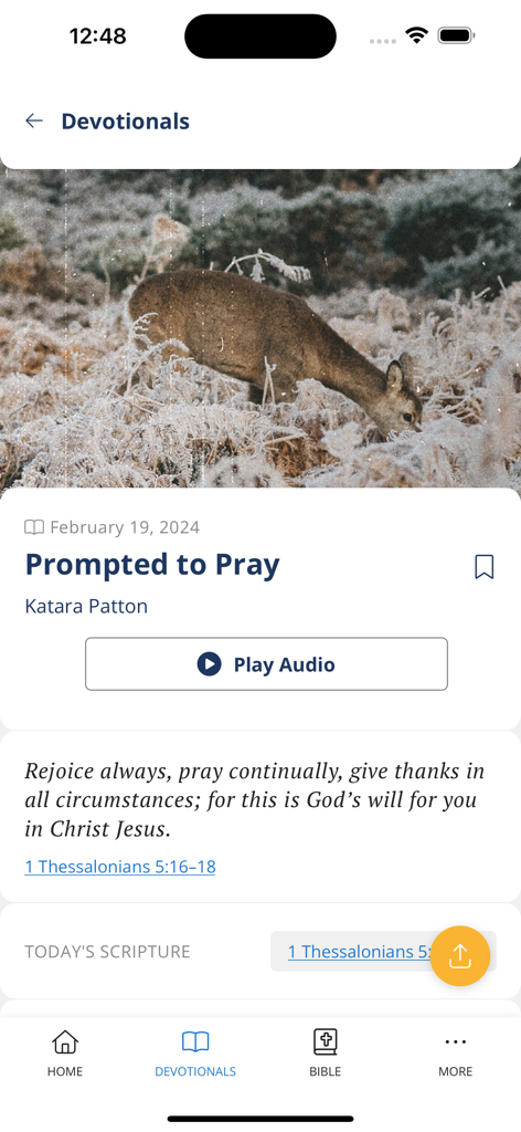 Daily devotional page in the Our Daily Bread app featuring a scriptural reflection and a play audio button.