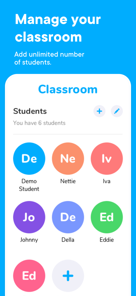 Otsimo | School and Classroom - Interface of the Otsimo School and Classroom app showing a dashboard for managing multiple student profiles with a list of students like Johnny and Nettie.