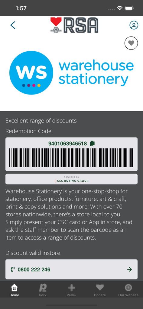 RSA Club Card app screen displaying a barcode discount for Warehouse Stationery