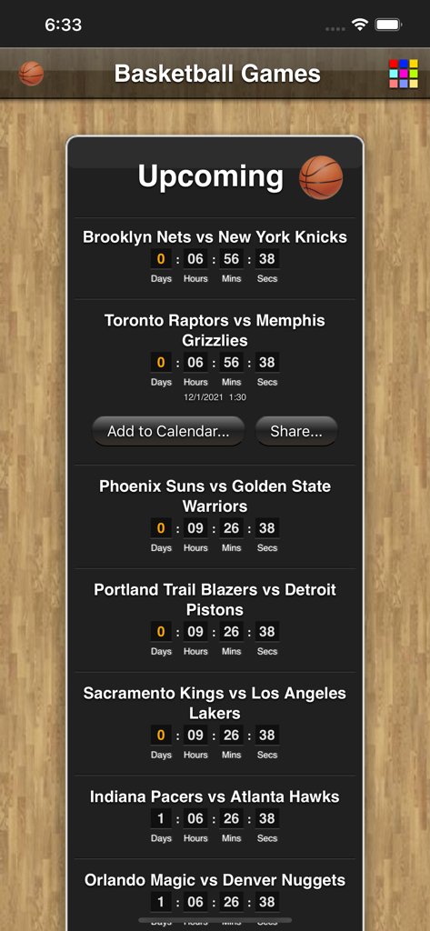Basketball Games Pro - List of upcoming NBA basketball games with countdown timers and calendar sync options