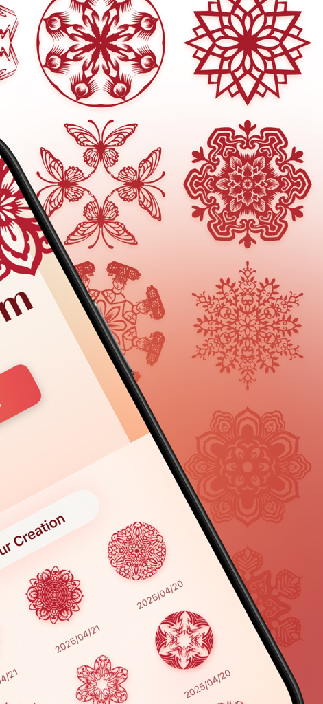 Smartphone screen showcasing red papercut patterns and a user creation gallery
