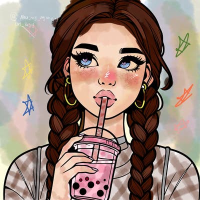 realistic girl with braided hair drinking boba