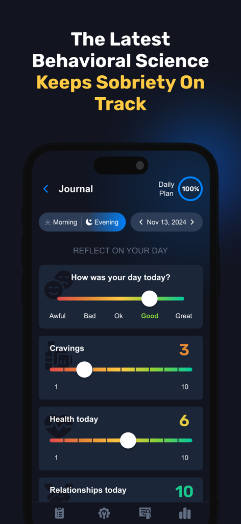 Soob - Soob sobriety app journal interface showing mood cravings and health tracking sliders