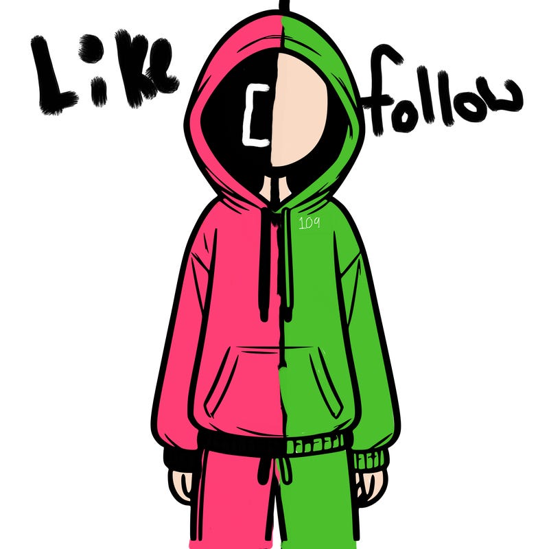 faceless girl in a tracksuit with a hood on and no hair