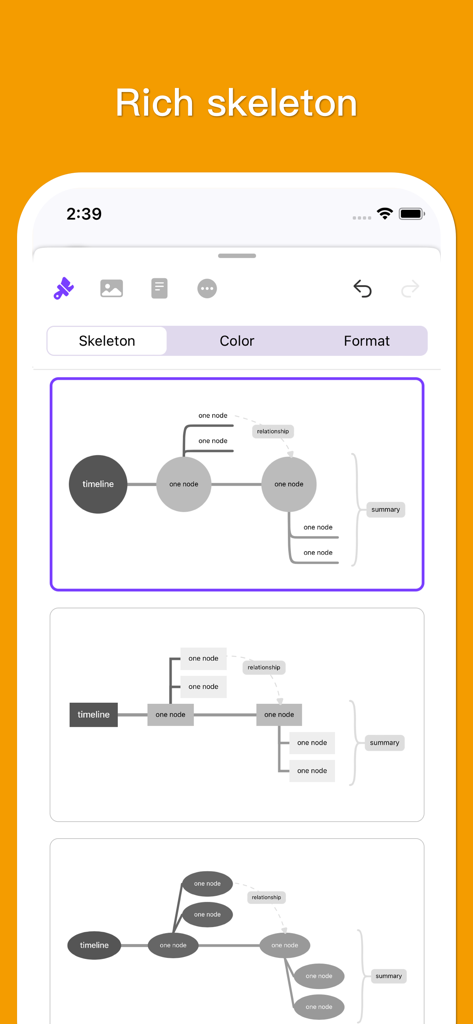 A selection of different mind map skeleton layouts and structures in the MindSpace app