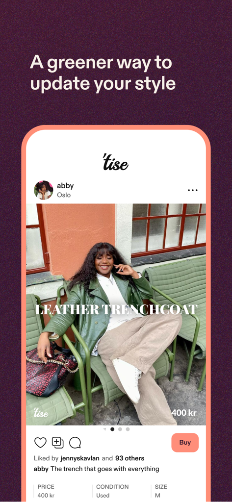 Tise | Reuse fashion - Tiseアプリのセカンドハンドレザートレンチコートの出品を表示するモバイル画面