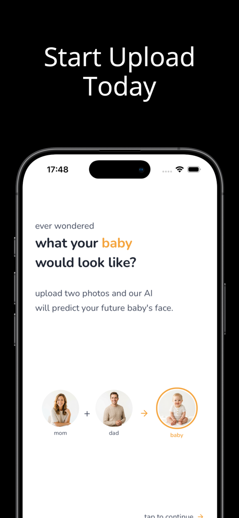AI Baby Face Generator - Labs - Pantalla de la aplicación Generador de Caras de Bebé IA que muestra el proceso de predicción de la cara de un futuro bebé a partir de fotos de los padres