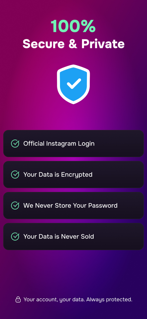 UNFO: Follower Analytics - Una pantalla de la aplicación UNFO que resalta las características de seguridad como el inicio de sesión oficial de Instagram y el cifrado de datos.
