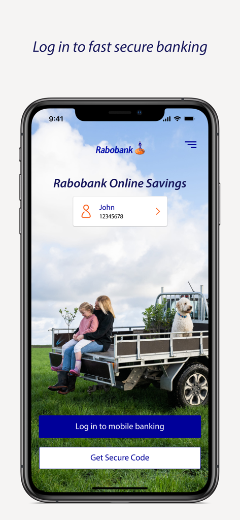 Rabobank Online Savings NZ - Rabobank Online Savings NZ app login screen displaying secure mobile banking options and a rural lifestyle background