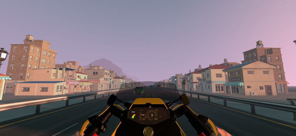 Motorush - Traffic Rider - First person view of a motorcycle racing through urban traffic at sunset