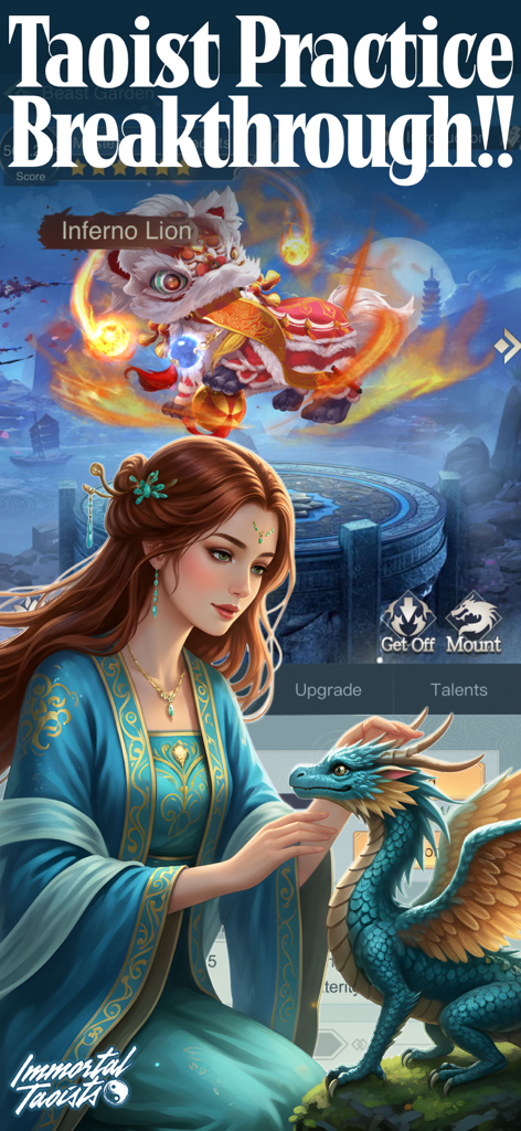 Immortal Taoists-MUD Wuxia - A female character in traditional attire with a blue dragon and an inferno lion in the Immortal Taoists game