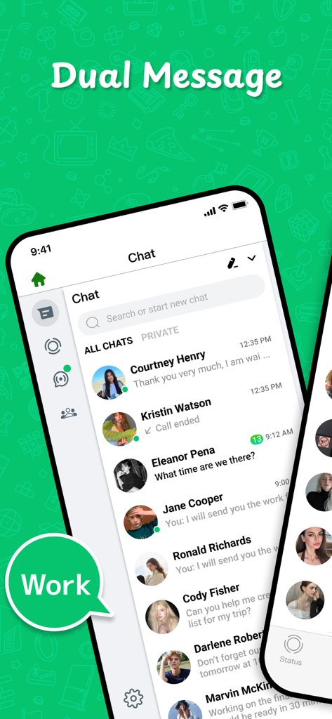 Dual Chat Web: Dual Accounts - Screenshot of the Dual Chat app showing a list of messages in a work account profile