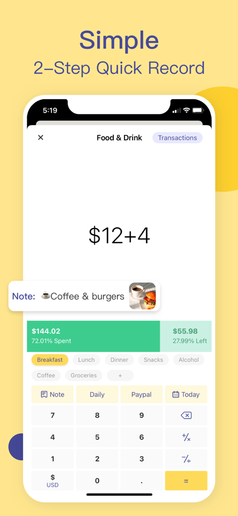 User interface for recording a transaction showing a calculator and budget progress bar