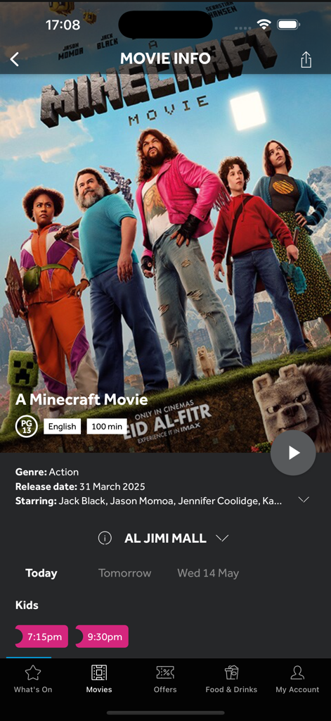 Movie details page for A Minecraft Movie on the VOX Cinemas App showing release information and showtimes.