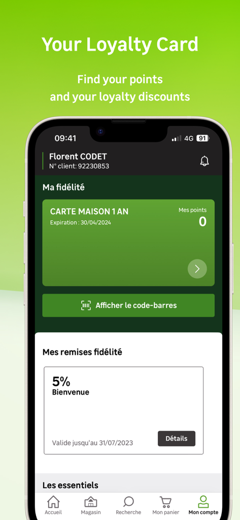 Mobile interface of Leroy Merlin app displaying a digital loyalty card with points and discount offers
