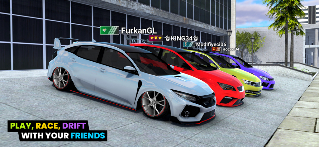 Cuatro coches personalizados alineados para carreras y derrapes multijugador con amigos en una ciudad 3D.