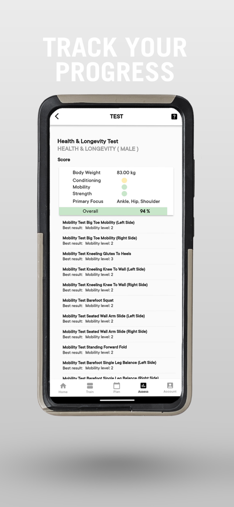 Stoic Conditioning - Stoic Conditioning app screen showing health and longevity assessment results with traffic light progress tracking for mobility and strength.