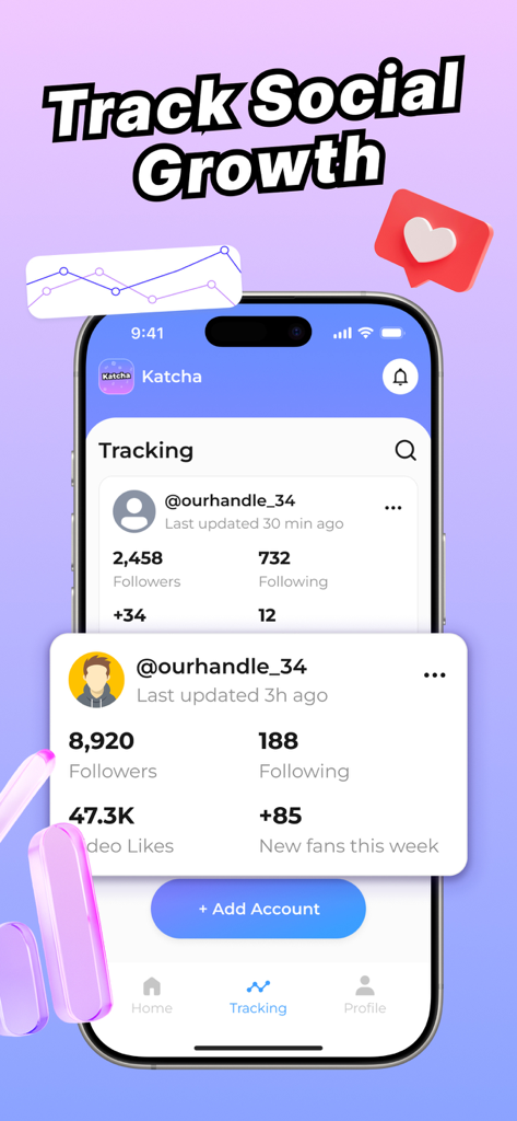 Katcha : social media tracker - The Katcha app dashboard on an iPhone showing follower growth and social media tracking statistics for Instagram and TikTok accounts.