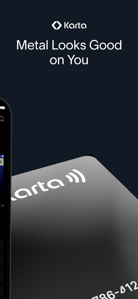 Karta App - Close-up of a black Karta metal credit card and mobile app display with the text Metal Looks Good on You.