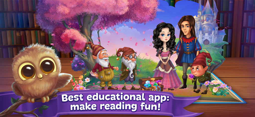 Fairy Tales Bedtime Stories app featuring a cute owl and interactive pop-up book characters.