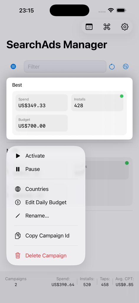 Mobiles Dashboard für den Suchanzeigen-Manager, das Kampagnenausgaben und Menüoptionen zur Verwaltung anzeigt