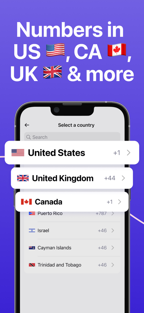 Second Phone Number ™ 2nd Line - Schermata che mostra i paesi disponibili per una seconda linea telefonica, inclusi USA, UK e Canada