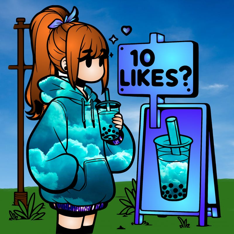 girl with oversized hoodie drinking boba and she has a high ponytail with a sign that says 10likes?