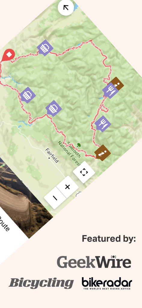 Ride with GPS: Bike Navigation - Un mapa que muestra una ruta ciclista a través del Bosque Nacional Sawtooth con logotipos de medios de GeekWire, Bicycling y Bikeradar.
