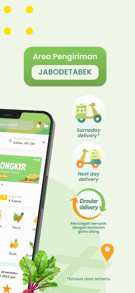 Kecipir - Sayur Organik Sehat - Kecipir app interface showing organic food delivery services and circular packaging options