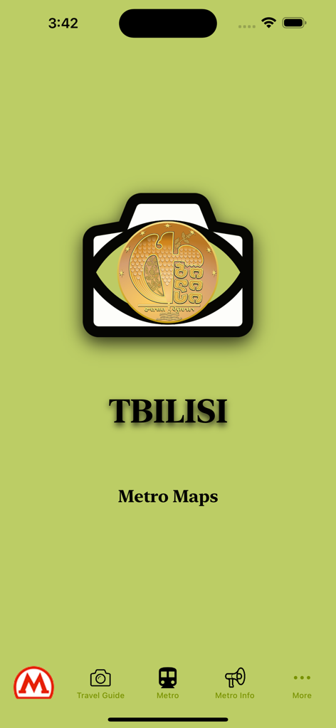 Tbilisi metro maps - Pantalla principal de la aplicación Tbilisi Metro Maps que muestra el logotipo y el menú de navegación