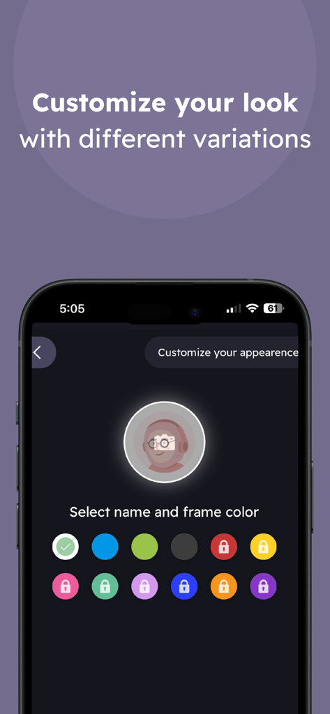 Fadfadah Chat - Customize appearance screen in Fadfadah Chat app showing avatar frame color selection.