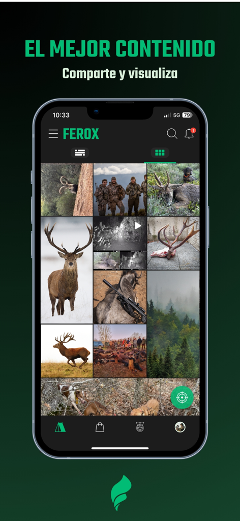 Ferox - Your Hunting App - Interfaz de la aplicación Ferox mostrando una cuadrícula de fotos de caza y contenido de vida silvestre