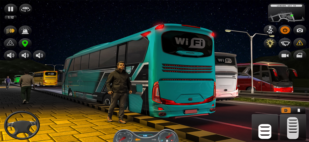 Teal passenger bus in an urban city night environment with game controls