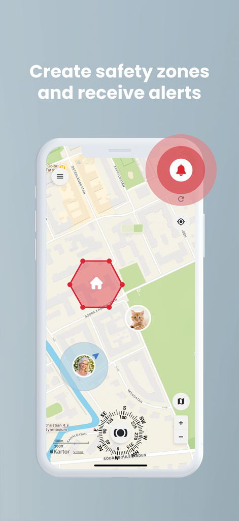 MiniFinder Live - GPS Tracking - MiniFinder Live app screen showing a geofenced safety zone on a map with tracking icons for a cat and an elderly person