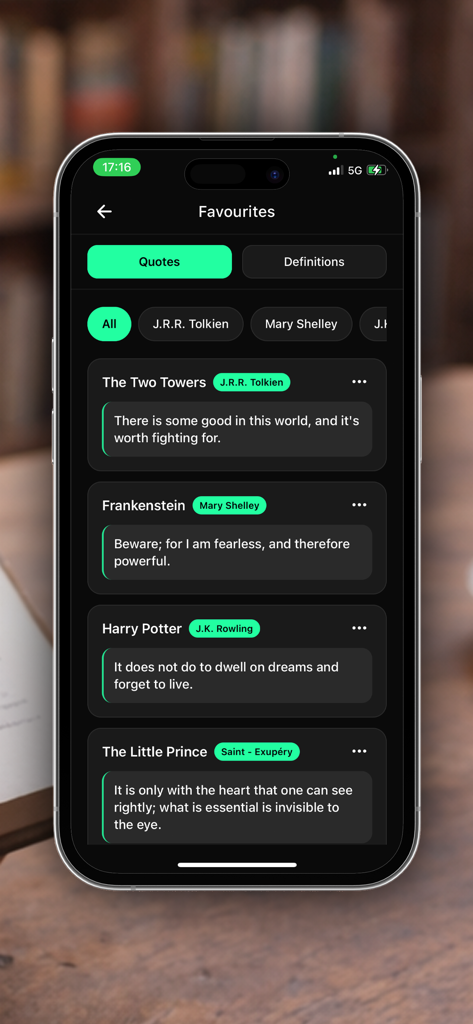 A mobile app interface displaying a collection of saved book quotes with author filters