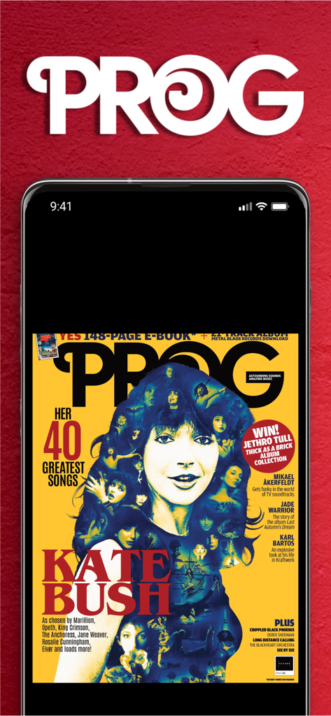 Prog Magazine - The Prog Magazine app displayed on a smartphone featuring a digital cover of Kate Bush.