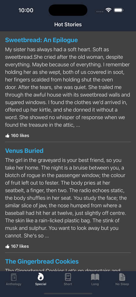 Horror Stories & Scary Stories - Mobile app screen displaying a list of trending horror stories with titles and short excerpts in a dark theme.