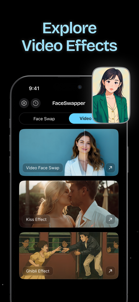 Interface of the FaceSwapper app showing various AI video effects including video face swap and Ghibli filters