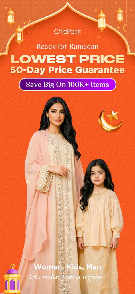 Chicpoint - Fashion shopping - Una mujer y una niña vistiendo moda modesta elegante para un banner promocional de Ramadan de ChicPoint con garantía de precio.