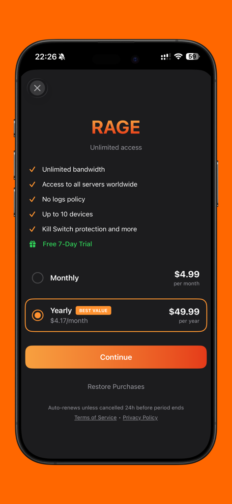 RAGE - Unlimited Access - RAGE app subscription screen displaying monthly and yearly plans with unlimited access features