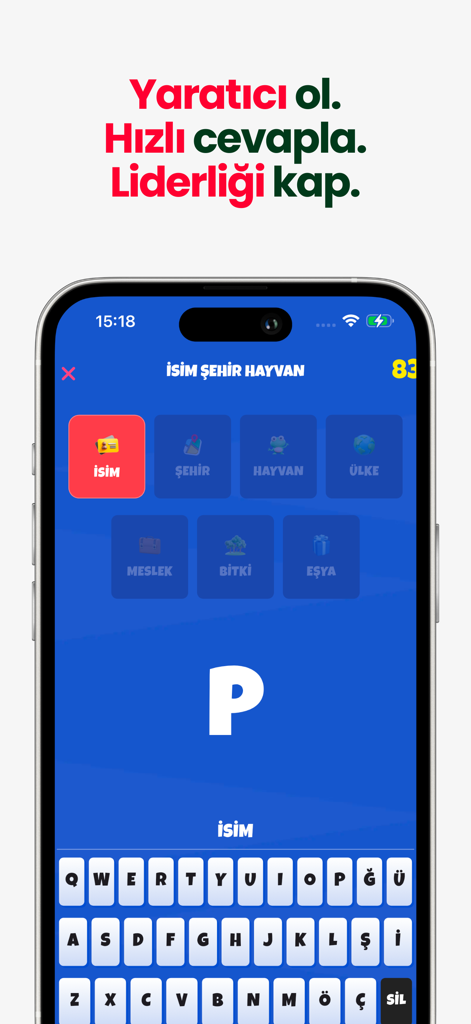 İsim Şehir Hayvan Online - Gameplay of Isim Sehir Hayvan Online showing categories and a starting letter on a mobile screen