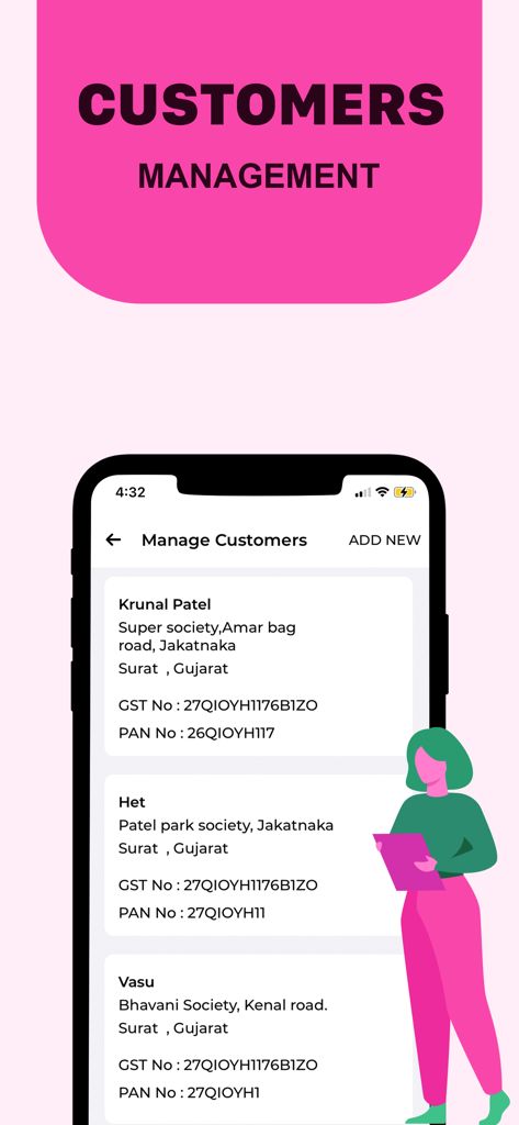 GST invoice and Bill Maker App - Customer management interface displaying a client list in the GST billing app