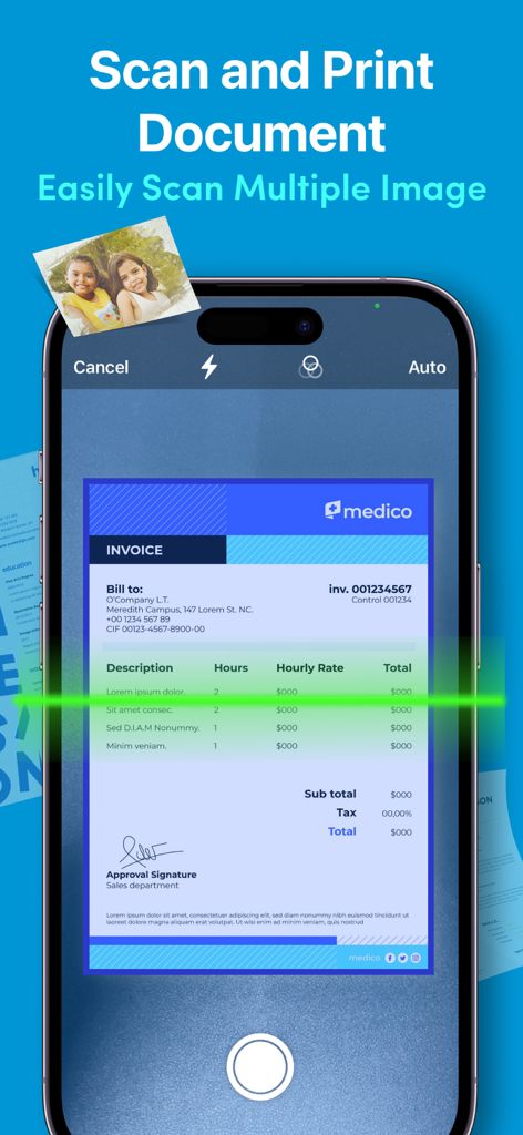 Air Print: Smart Printer App • - iPhoneがAir Print Smart Printerアプリのスキャナーを使用してビジネス請求書をスキャンしている様子。