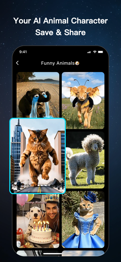 Movia AI: Photo to Video Maker - Una galería de divertidos personajes animales generados por IA en la interfaz de la app Movia AI