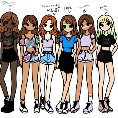 a group of girls wearing crop tops and shorts