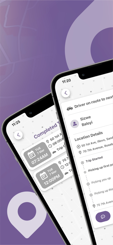 Etapath - Two smartphone screens displaying the Etapath app trip history and real time driver tracking details