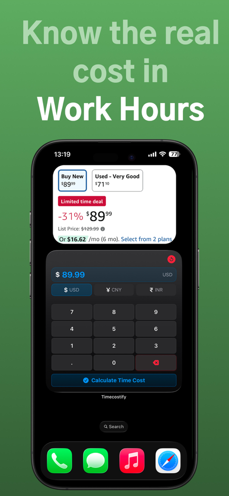 Timecostify: Cost in Time - Écran de smartphone affichant le widget de calculatrice Timecostify calculant les heures de travail pour un achat