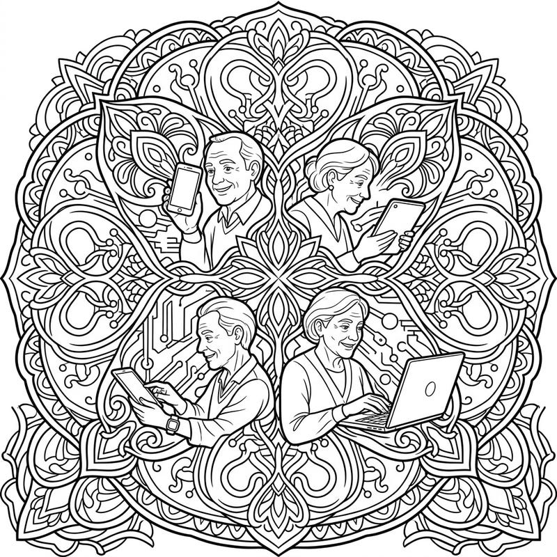 Explore the wonderful world where wisdom meets technology with this captivating Elderly Technology Mandala coloring page. This intricate design beautifully showcases older adults engaging with modern devices, framed within a stunning circular pattern.