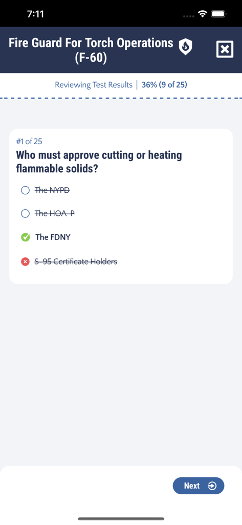 FireGuard for Torch Ops F60 - Revisión de una pregunta de examen de práctica en la aplicación FireGuard para Torch Ops F60 mostrando la respuesta correcta para la aprobación del FDNY