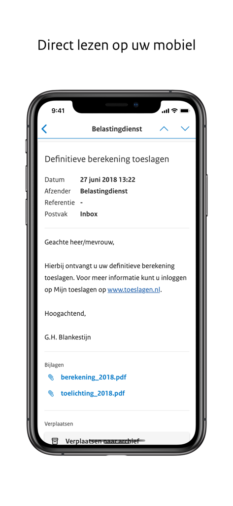 Berichtenbox - Un smartphone mostrando un documento oficial de impuestos dentro de la aplicación Berichtenbox.